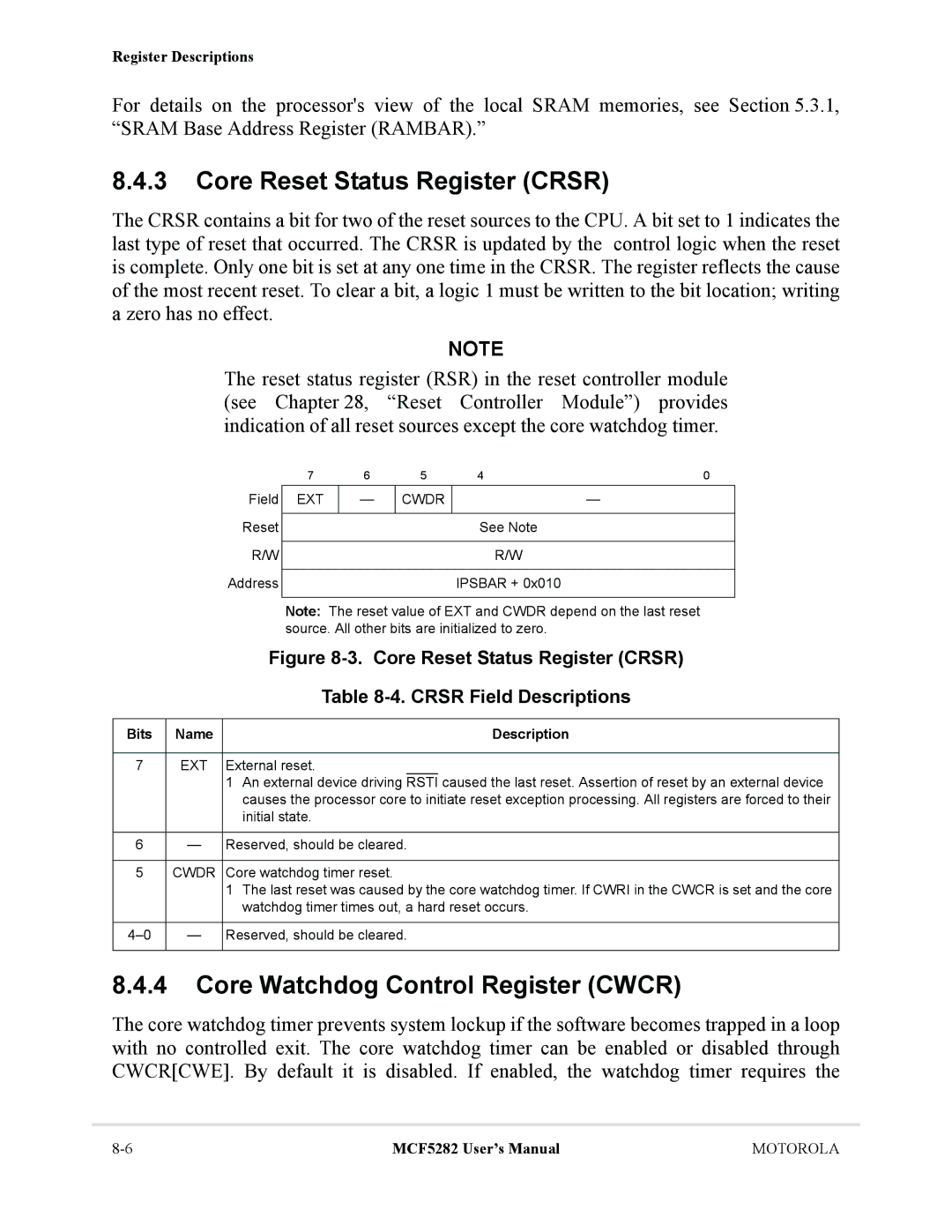 Motorola MCF5282, MCF5281 Core Reset Status Register Crsr, Core Watchdog Control Register Cwcr, Crsr Field Descriptions 