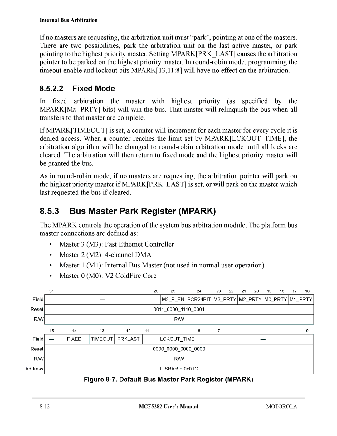 Motorola MCF5282, MCF5281 user manual Bus Master Park Register Mpark, Fixed Mode, M2PEN BCR24BIT M3PRTY M2PRTY M0PRTY M1PRTY 