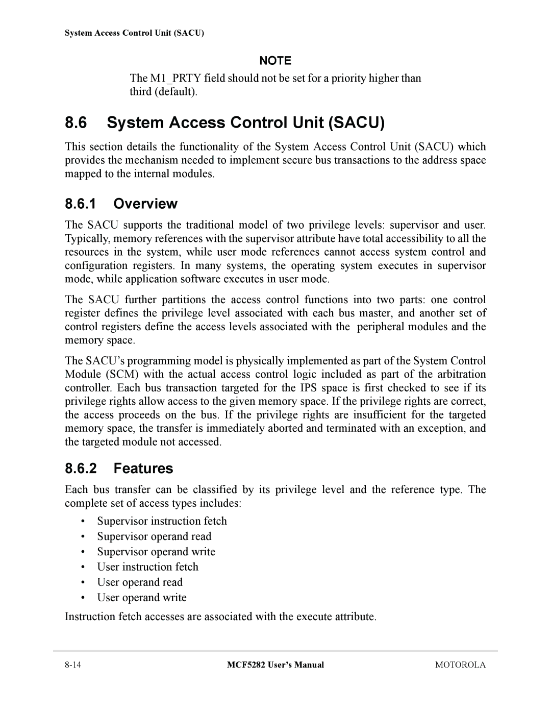 Motorola MCF5282, MCF5281 user manual System Access Control Unit Sacu, Features 