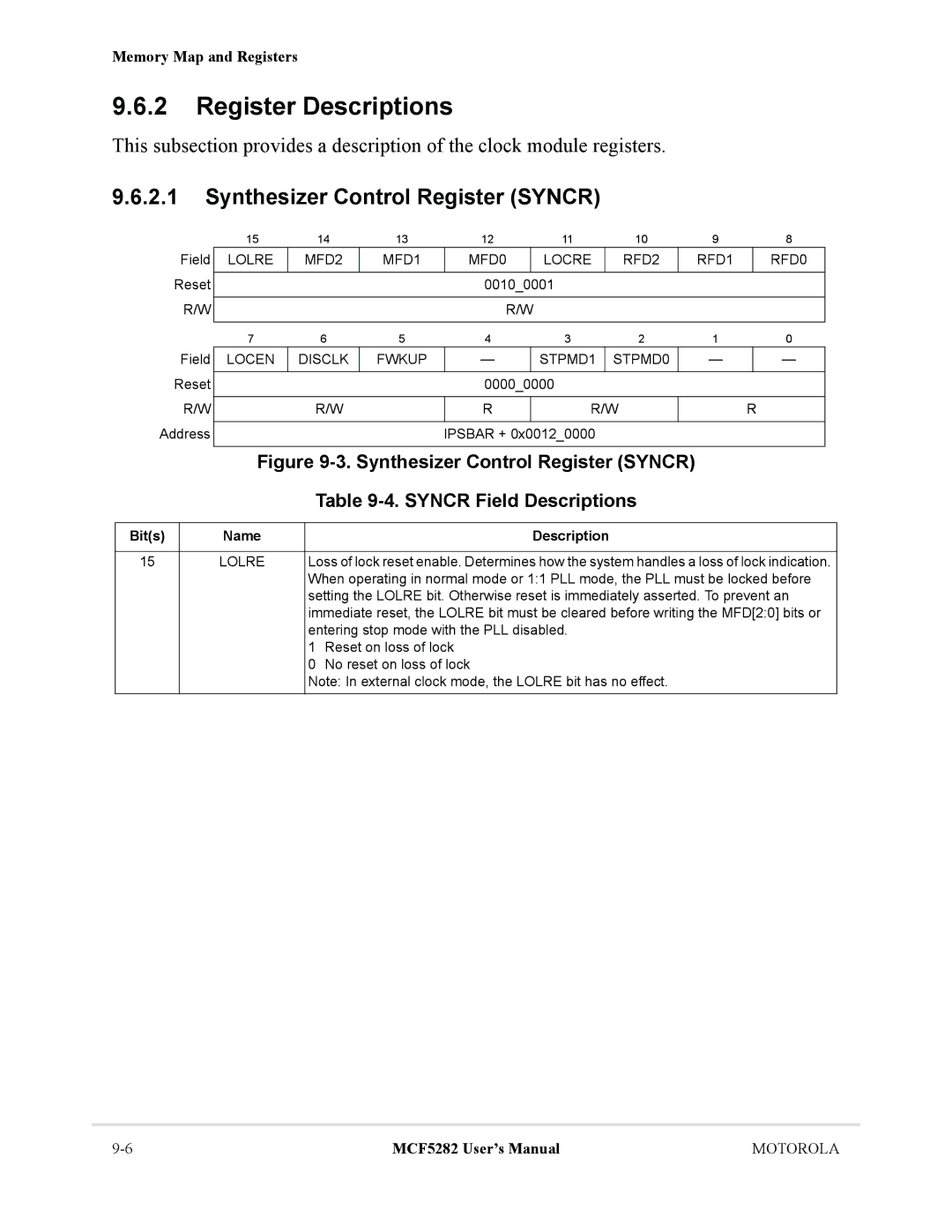 Motorola MCF5282, MCF5281 user manual Register Descriptions, Synthesizer Control Register Syncr, Lolre MFD2 MFD1 MFD0 Locre 