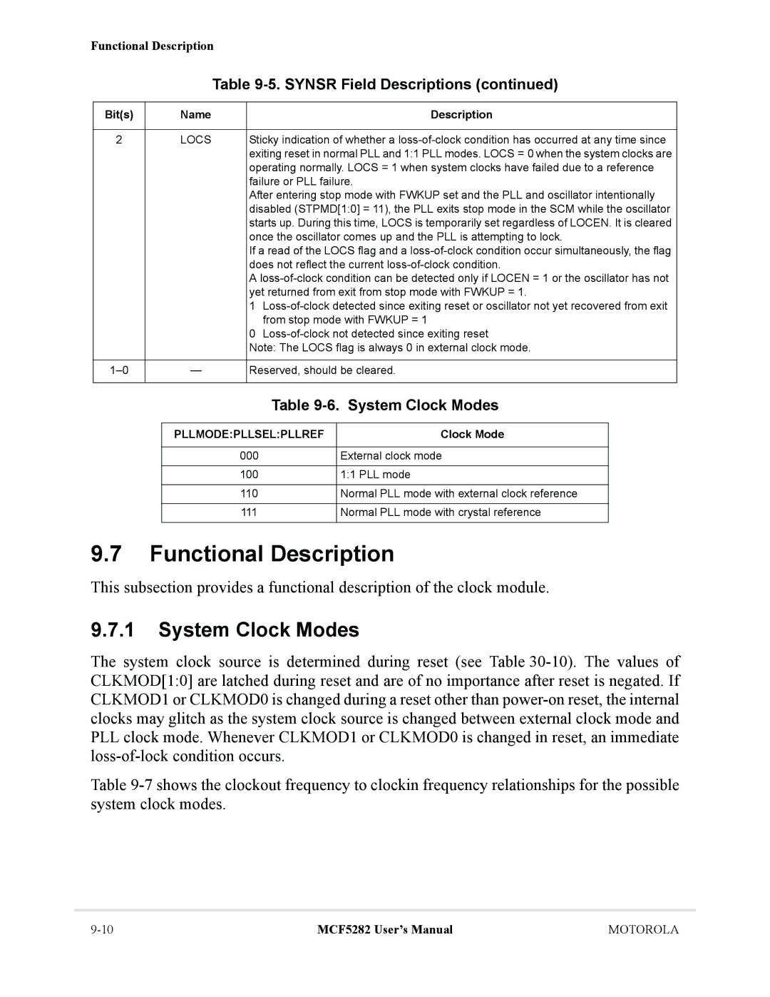 Motorola MCF5282, MCF5281 user manual Functional Description, System Clock Modes 