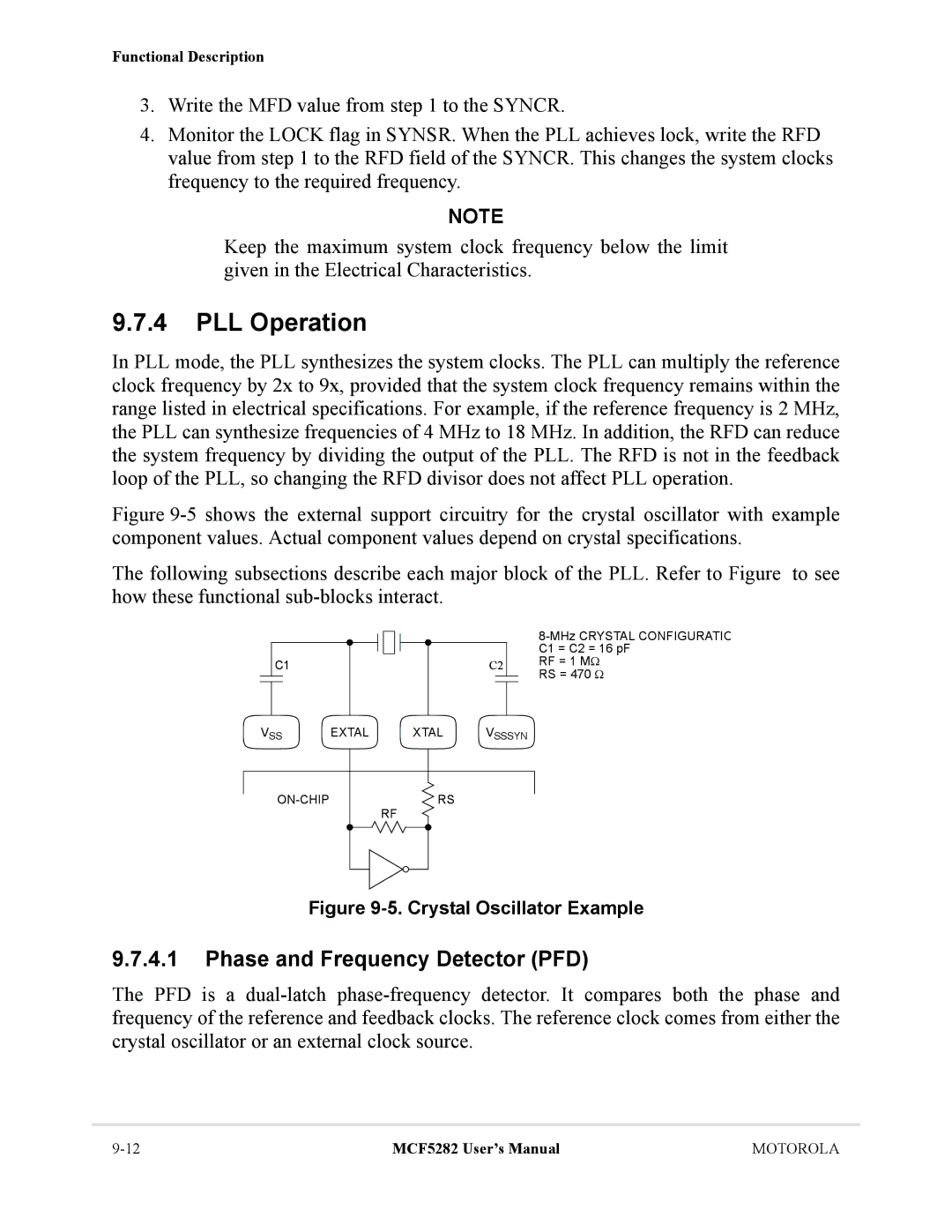 Motorola MCF5282, MCF5281 user manual PLL Operation, Phase and Frequency Detector PFD 