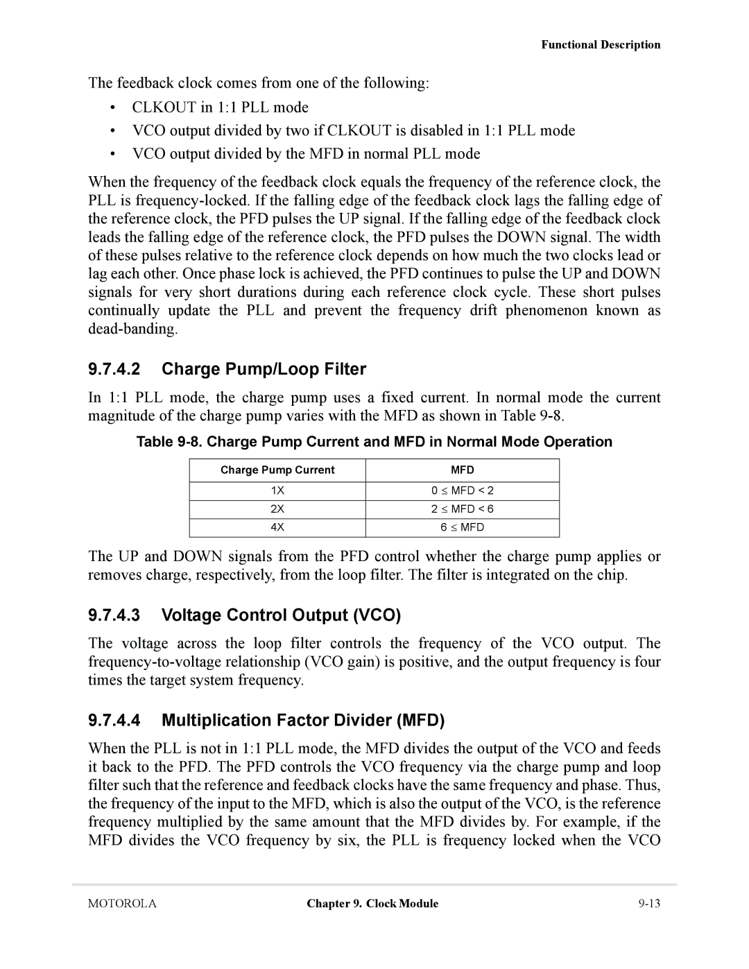 Motorola MCF5281, MCF5282 user manual Charge Pump/Loop Filter, Voltage Control Output VCO, Multiplication Factor Divider MFD 