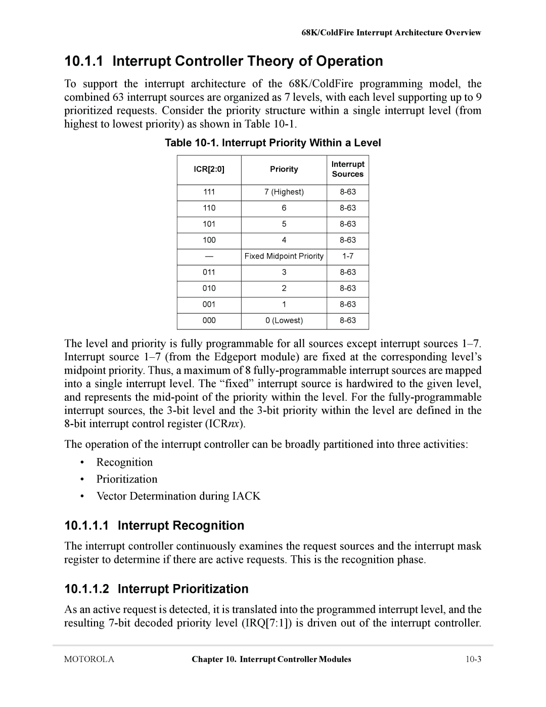 Motorola MCF5281, MCF5282 Interrupt Controller Theory of Operation, Interrupt Recognition, Interrupt Prioritization 