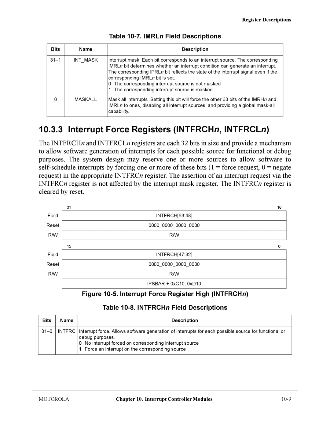 Motorola MCF5281, MCF5282 user manual Interrupt Force Registers INTFRCHn, INTFRCLn, IMRLn Field Descriptions, Intfrc 