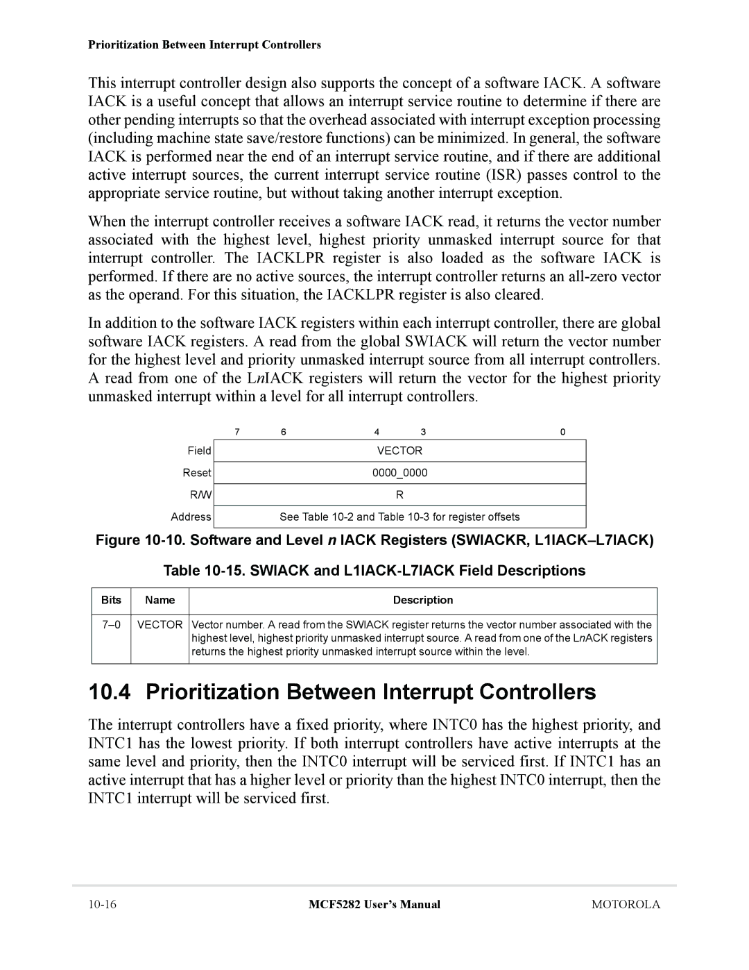 Motorola MCF5282, MCF5281 user manual Prioritization Between Interrupt Controllers, Vector 