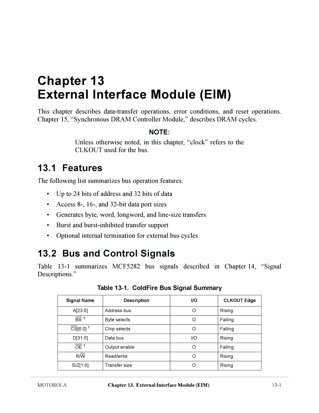 Motorola MCF5281, MCF5282 Bus and Control Signals, ColdFire Bus Signal Summary, Signal Name Description Clkout Edge 