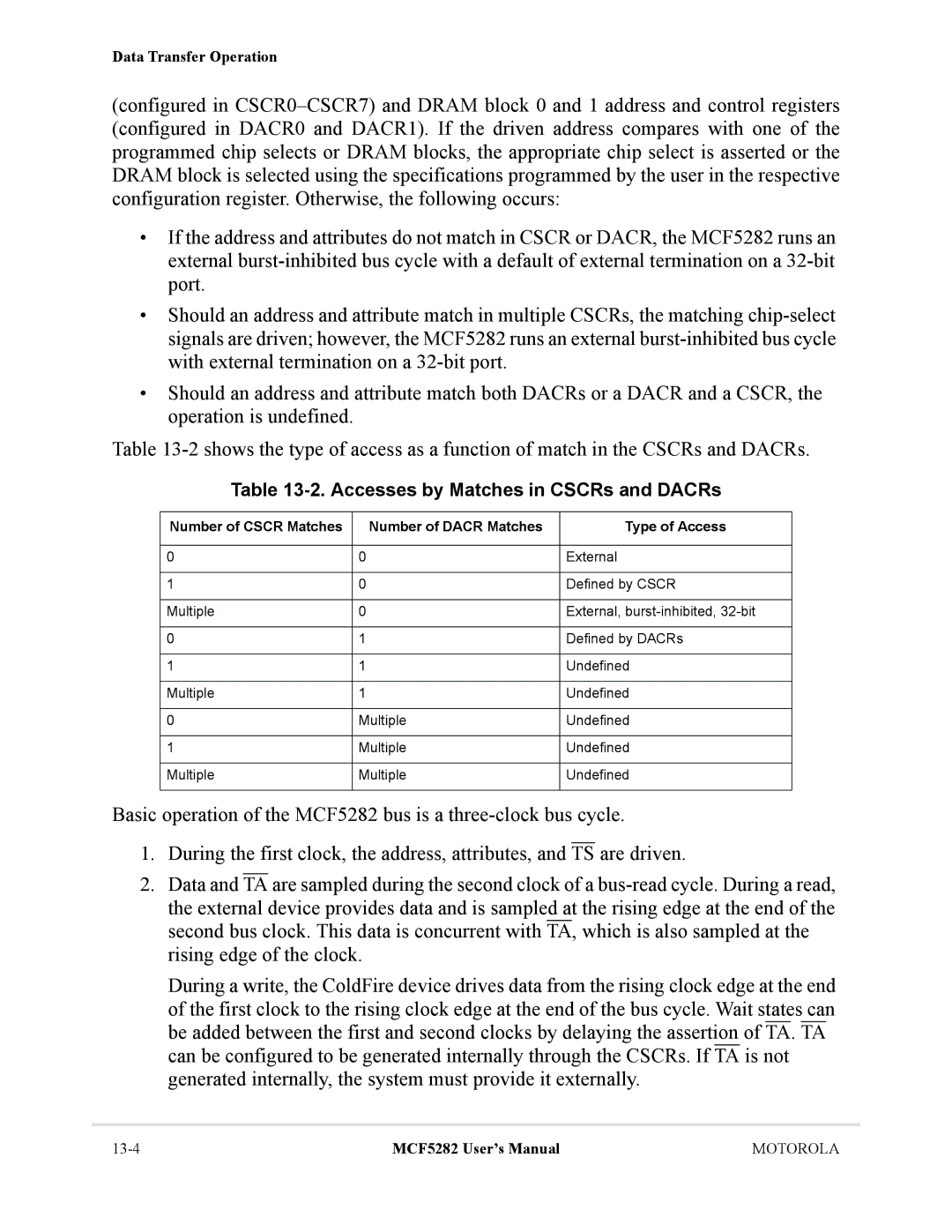 Motorola MCF5282 Accesses by Matches in CSCRs and DACRs, Number of Cscr Matches Number of Dacr Matches Type of Access 