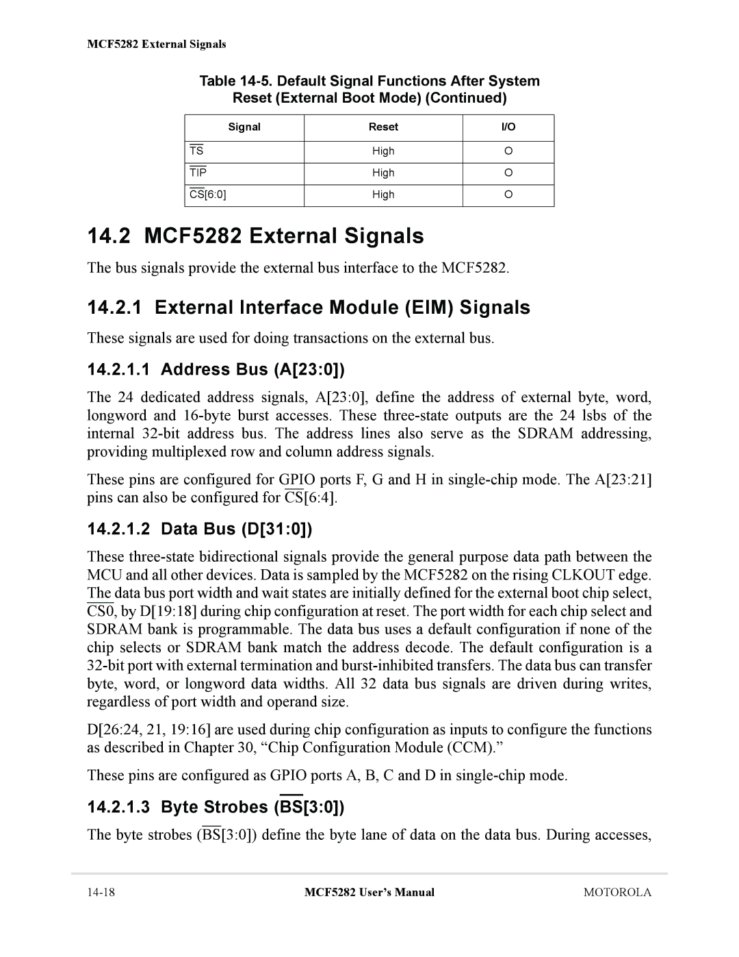 Motorola MCF5281 14.2 MCF5282 External Signals, External Interface Module EIM Signals, Address Bus A230, Data Bus D310 