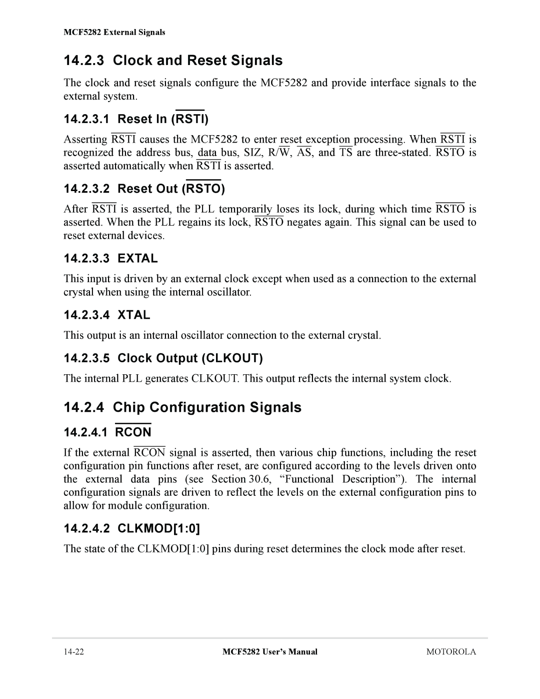 Motorola MCF5282, MCF5281 user manual Clock and Reset Signals, Chip Configuration Signals 