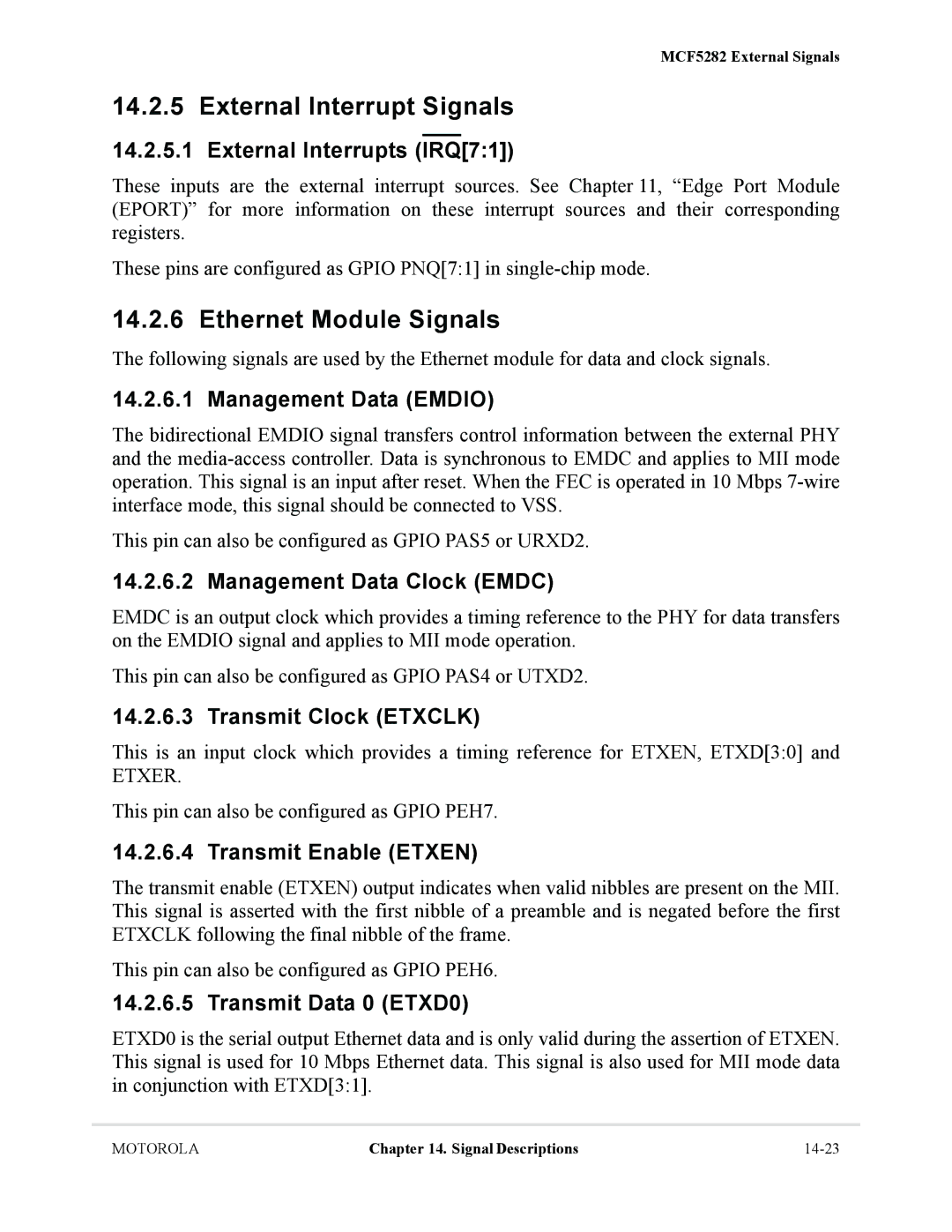 Motorola MCF5281, MCF5282 user manual External Interrupt Signals, Ethernet Module Signals 