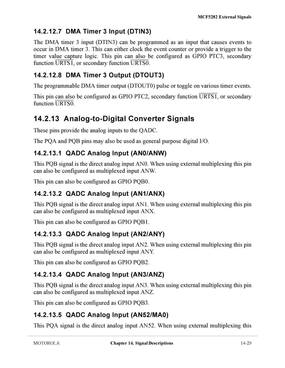 Motorola MCF5281, MCF5282 user manual Analog-to-Digital Converter Signals 