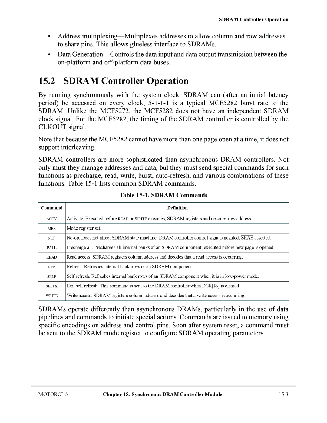 Motorola MCF5281, MCF5282 user manual Sdram Controller Operation, Sdram Commands, Command Definition 