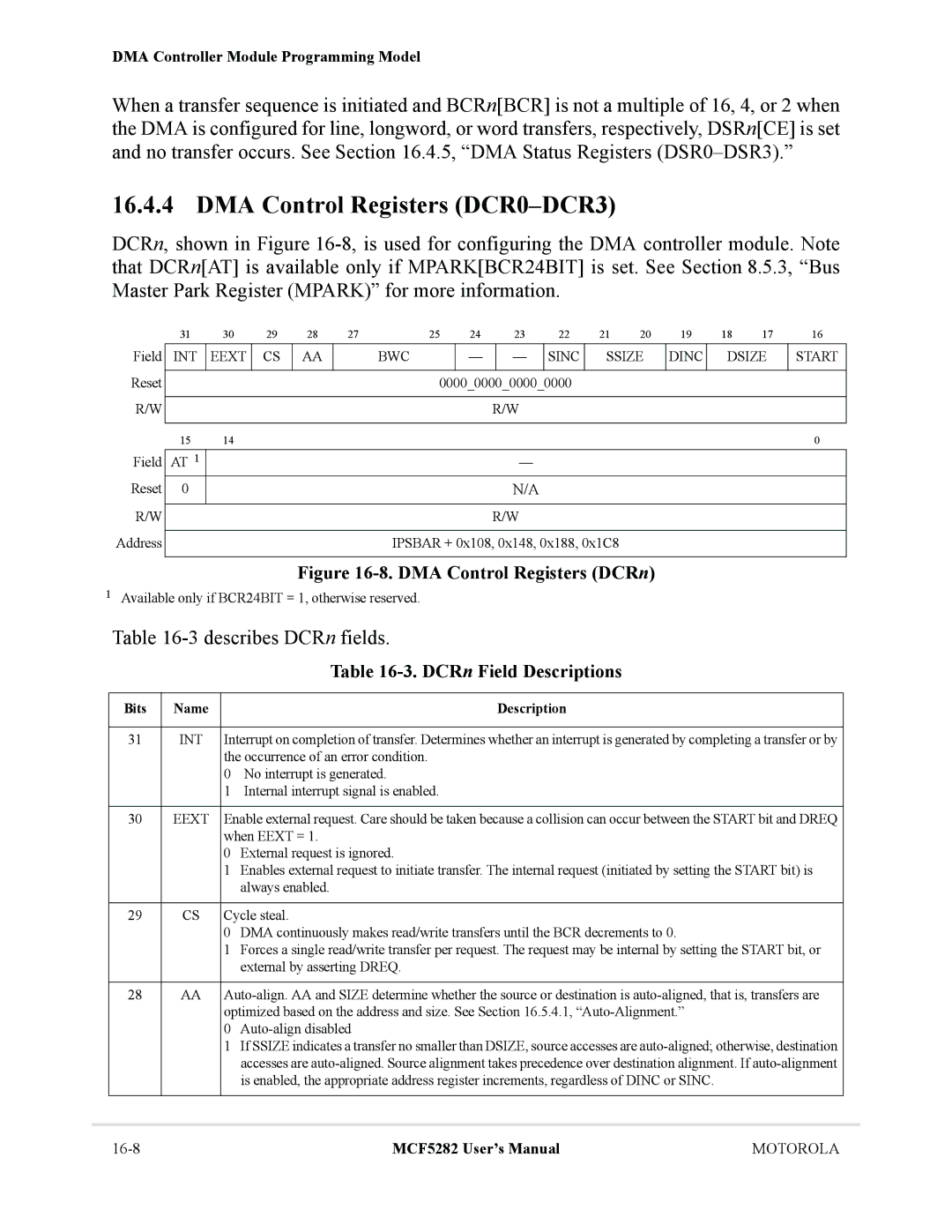 Motorola MCF5282, MCF5281 user manual DMA Control Registers DCR0-DCR3, 3describes DCRn fields, DCRn Field Descriptions, Eext 