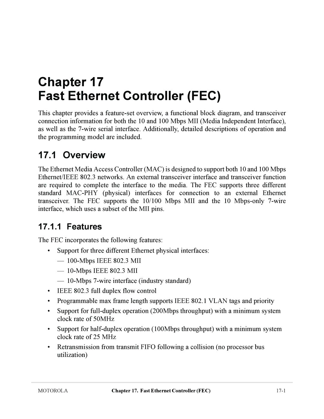 Motorola MCF5281, MCF5282 user manual Chapter Fast Ethernet Controller FEC 