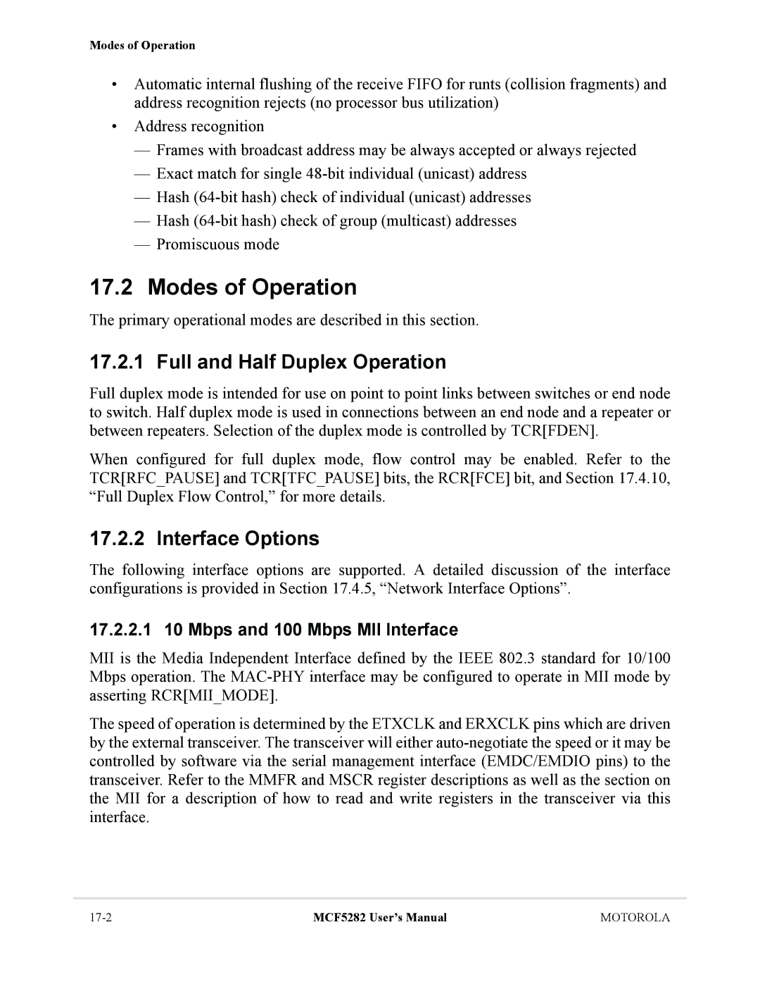 Motorola MCF5282, MCF5281 Full and Half Duplex Operation, Interface Options, 17.2.2.1 10 Mbps and 100 Mbps MII Interface 