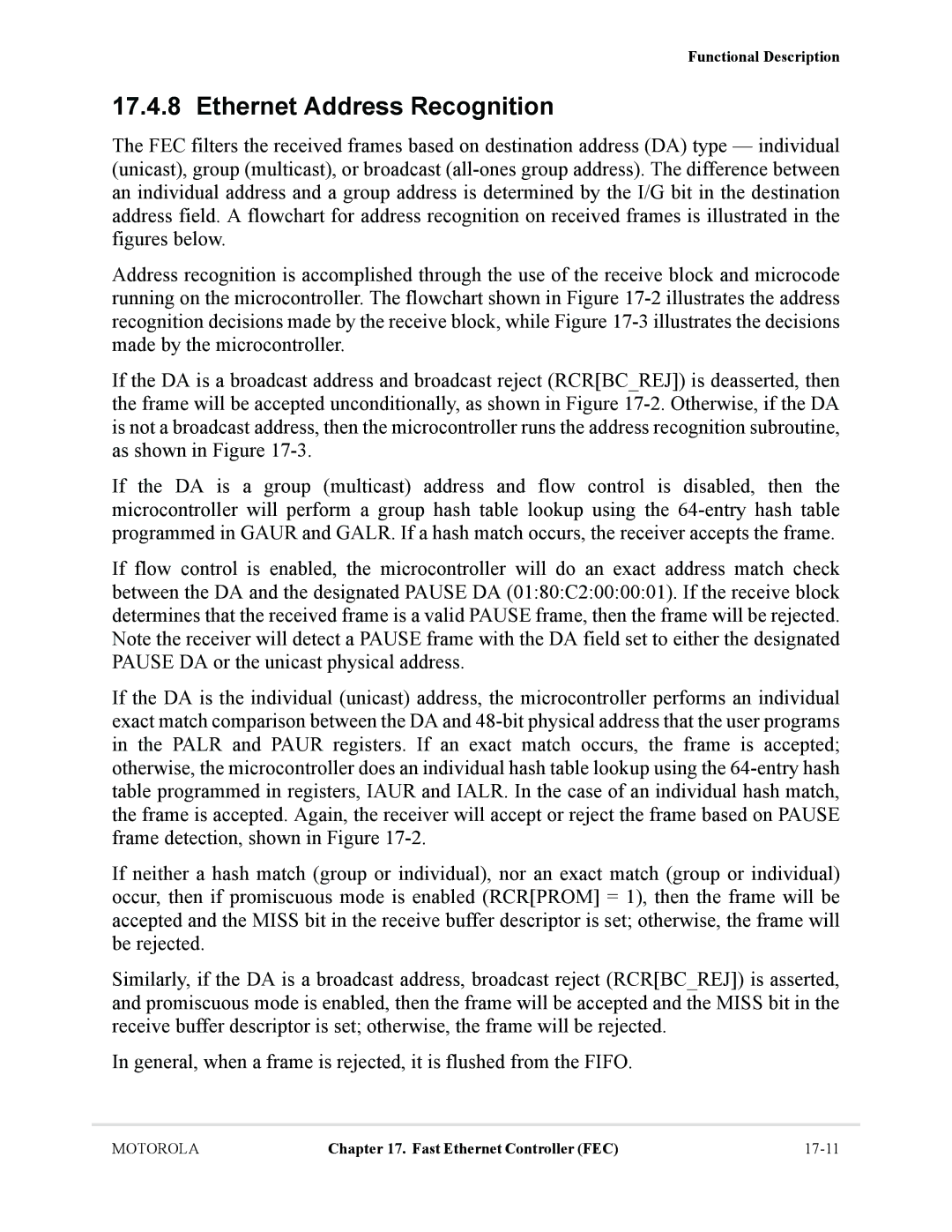 Motorola MCF5281, MCF5282 user manual Ethernet Address Recognition 