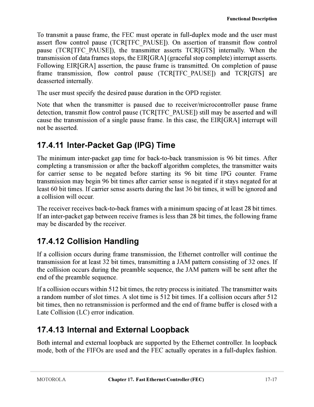 Motorola MCF5281, MCF5282 user manual Inter-Packet Gap IPG Time, Collision Handling, Internal and External Loopback 