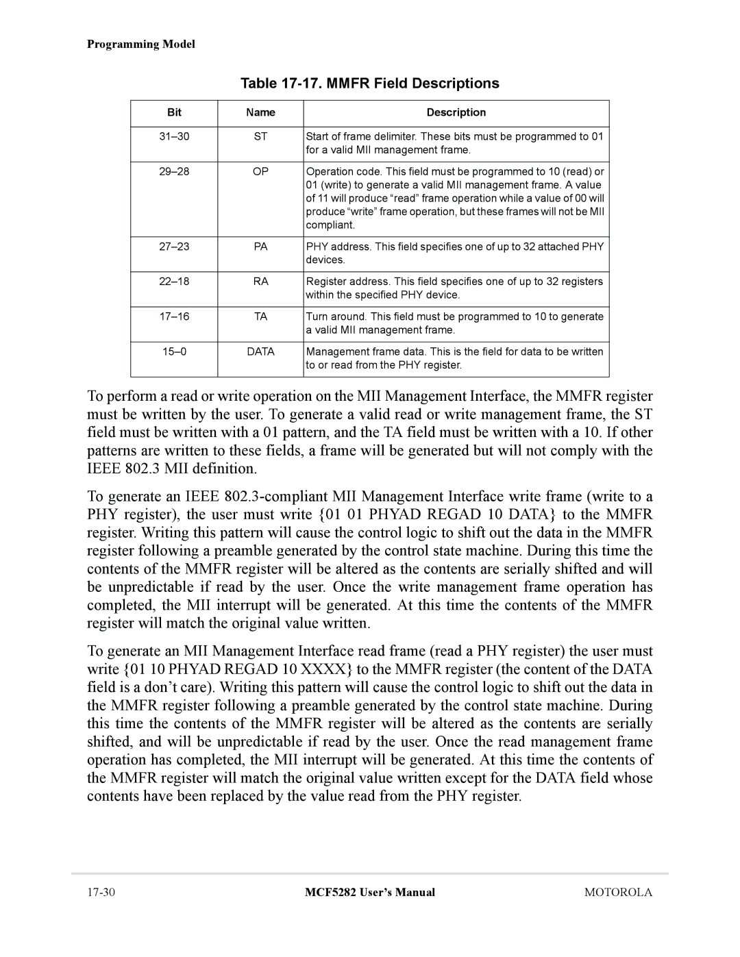 Motorola MCF5282, MCF5281 user manual Mmfr Field Descriptions, Bit Name Description 