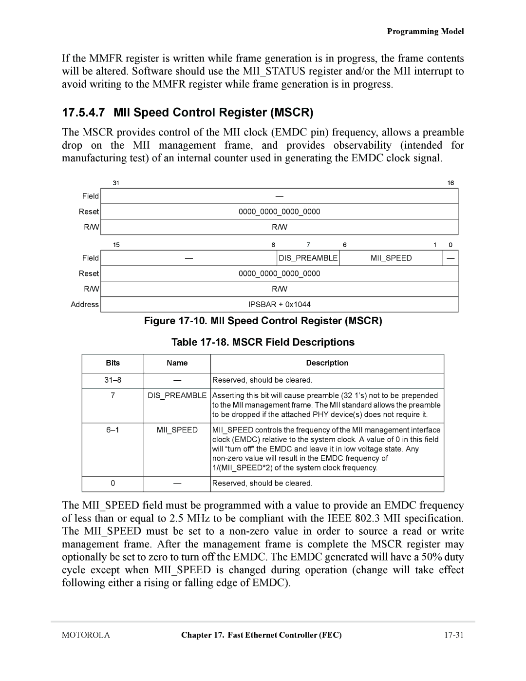 Motorola MCF5281, MCF5282 user manual MII Speed Control Register Mscr, Dispreamble Miispeed 