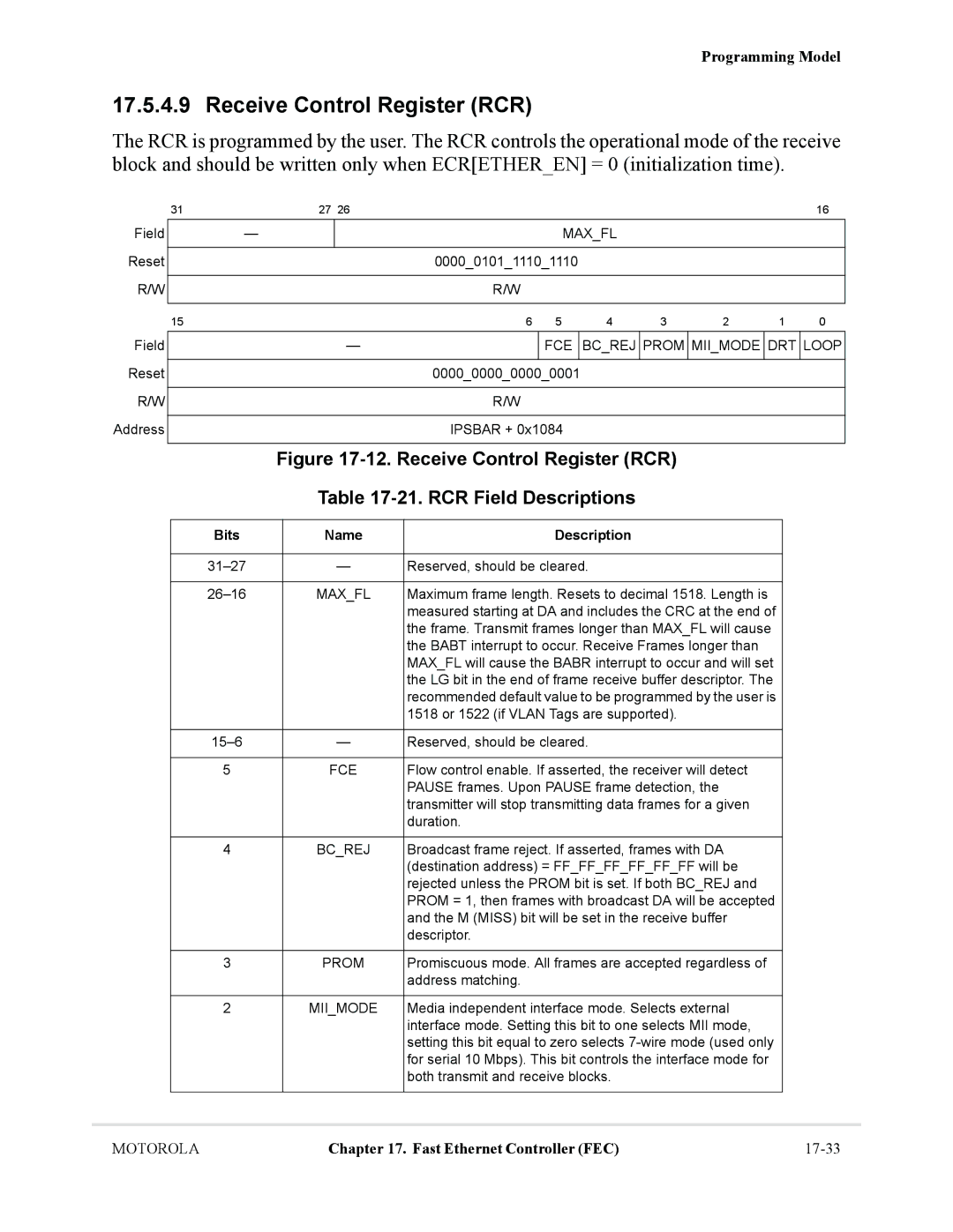 Motorola MCF5281, MCF5282 user manual Receive Control Register RCR, Maxfl, FCE Bcrej Prom Miimode DRT Loop, Fce 