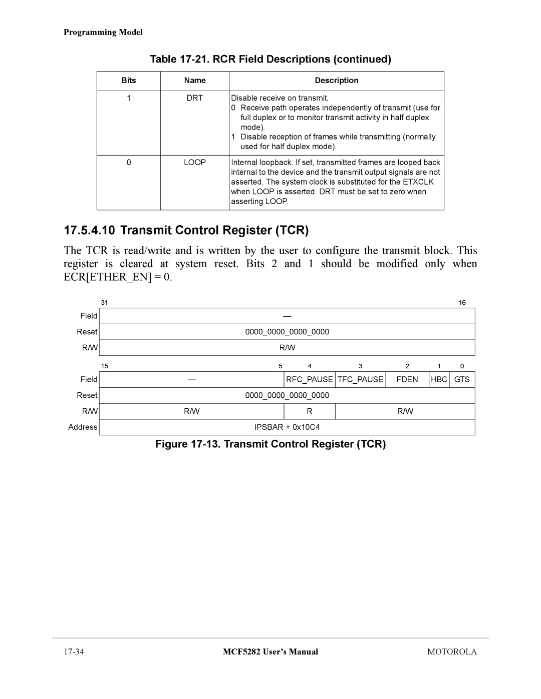 Motorola MCF5282, MCF5281 user manual Transmit Control Register TCR, Tfcpause Fden, Gts 