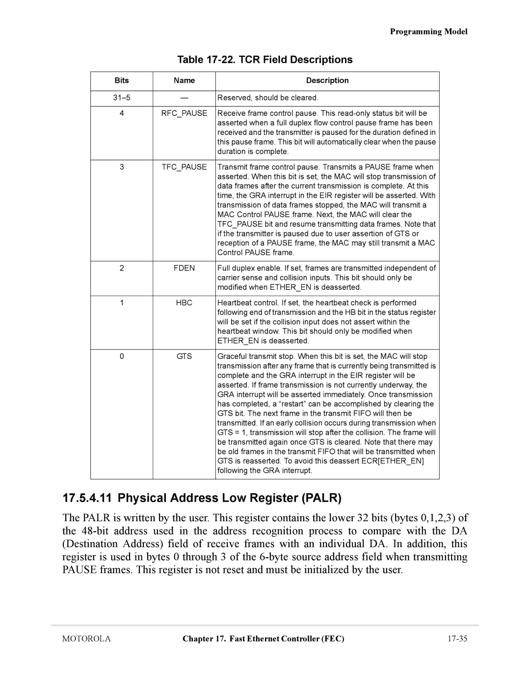 Motorola MCF5281, MCF5282 user manual Physical Address Low Register Palr, TCR Field Descriptions, Tfcpause 