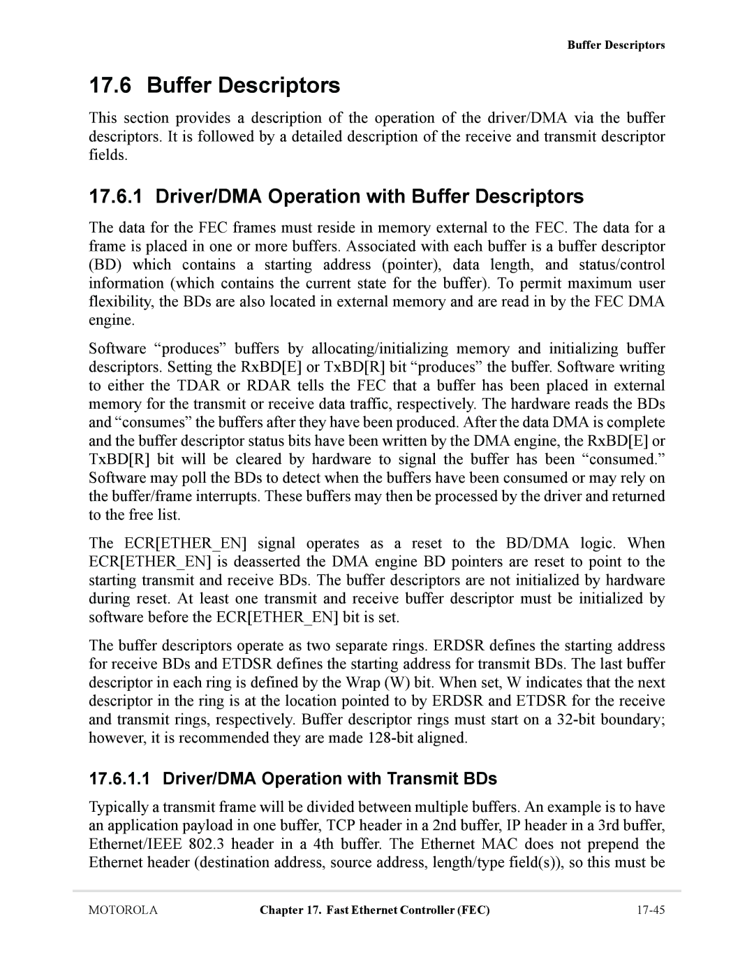 Motorola MCF5281, MCF5282 Driver/DMA Operation with Buffer Descriptors, Driver/DMA Operation with Transmit BDs 