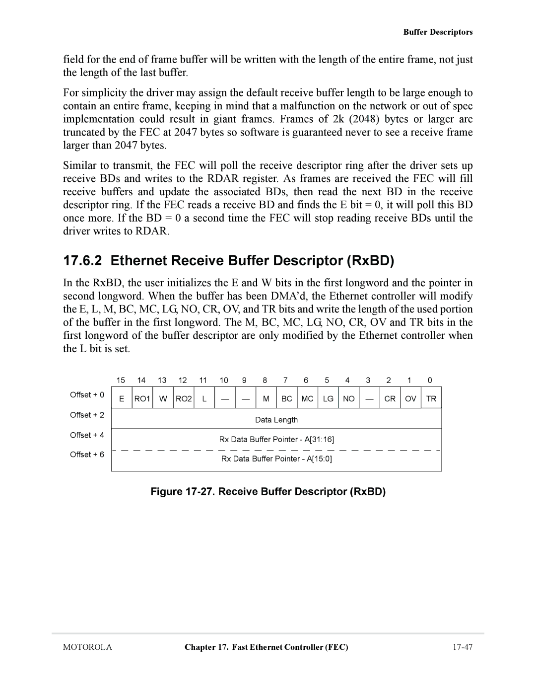 Motorola MCF5281, MCF5282 user manual Ethernet Receive Buffer Descriptor RxBD, RO1 RO2 