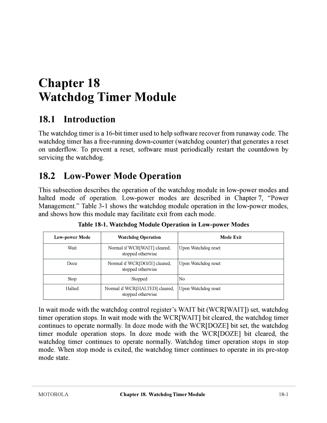 Motorola MCF5281, MCF5282 Watchdog Module Operation in Low-power Modes, Low-power Mode Watchdog Operation Mode Exit 