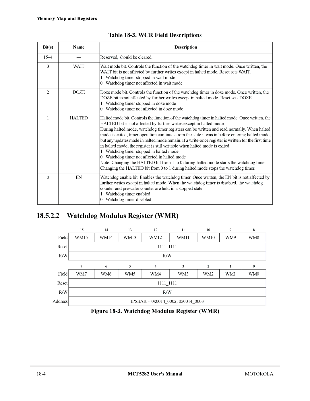 Motorola MCF5282, MCF5281 user manual Watchdog Modulus Register WMR, WCR Field Descriptions 