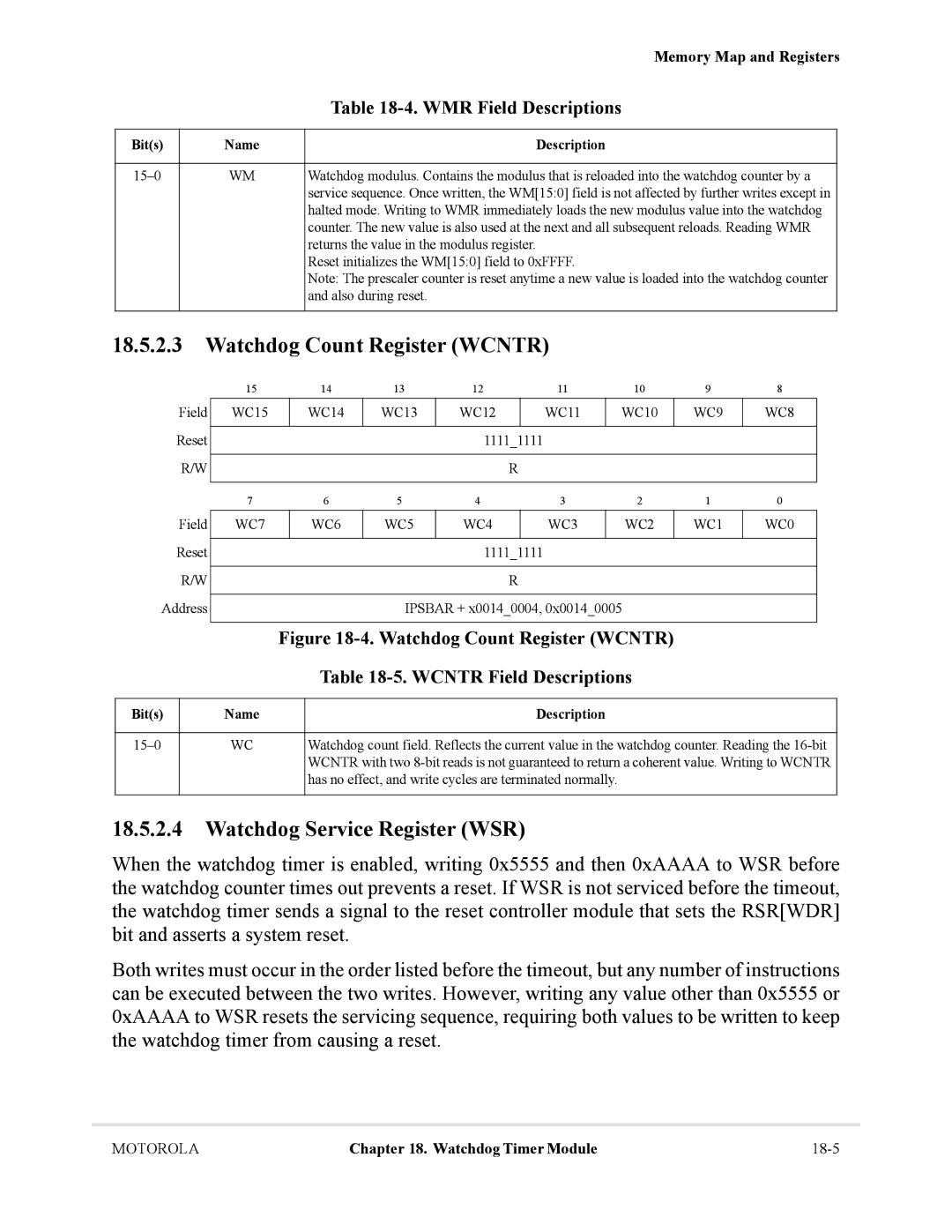 Motorola MCF5281, MCF5282 Watchdog Count Register Wcntr, Watchdog Service Register WSR, WMR Field Descriptions, WC9 WC8 