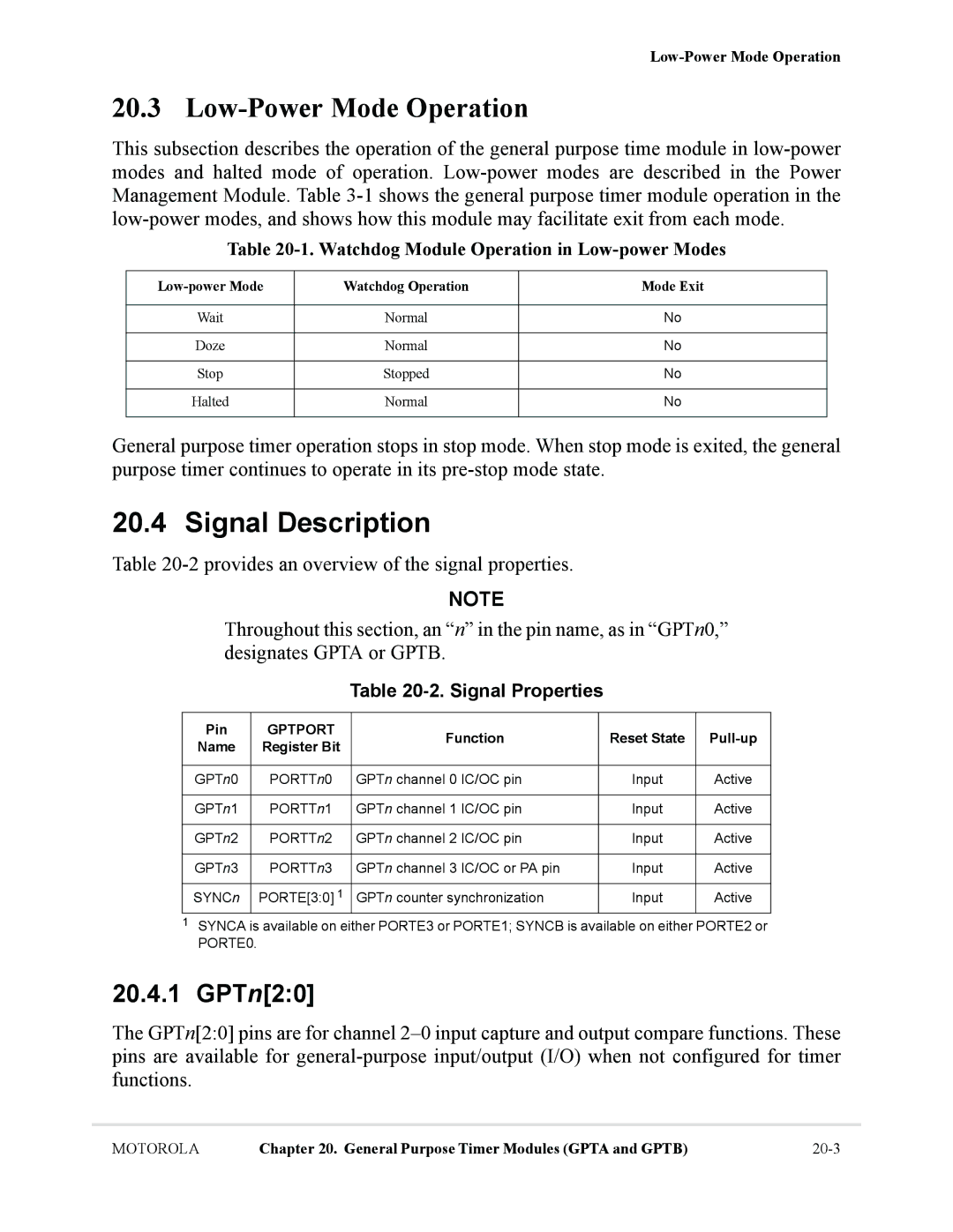 Motorola MCF5281, MCF5282 user manual Signal Description, GPTn20, Pin, Function Reset State Pull-up Name Register Bit 