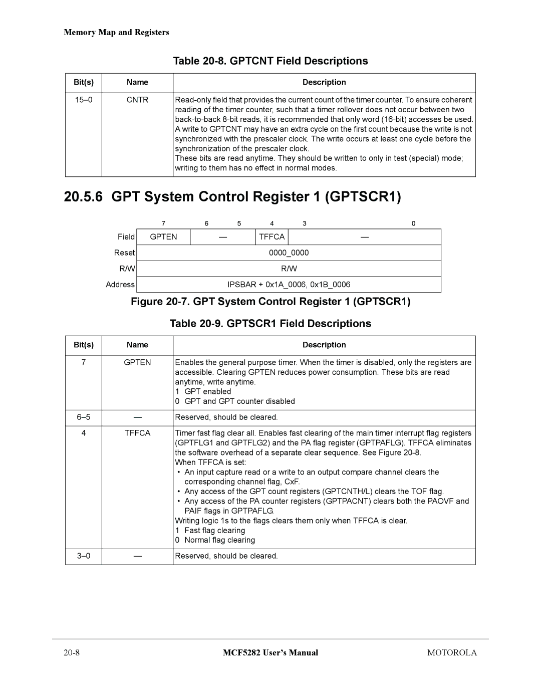 Motorola MCF5282, MCF5281 user manual GPT System Control Register 1 GPTSCR1, Gptcnt Field Descriptions, Gpten Tffca 