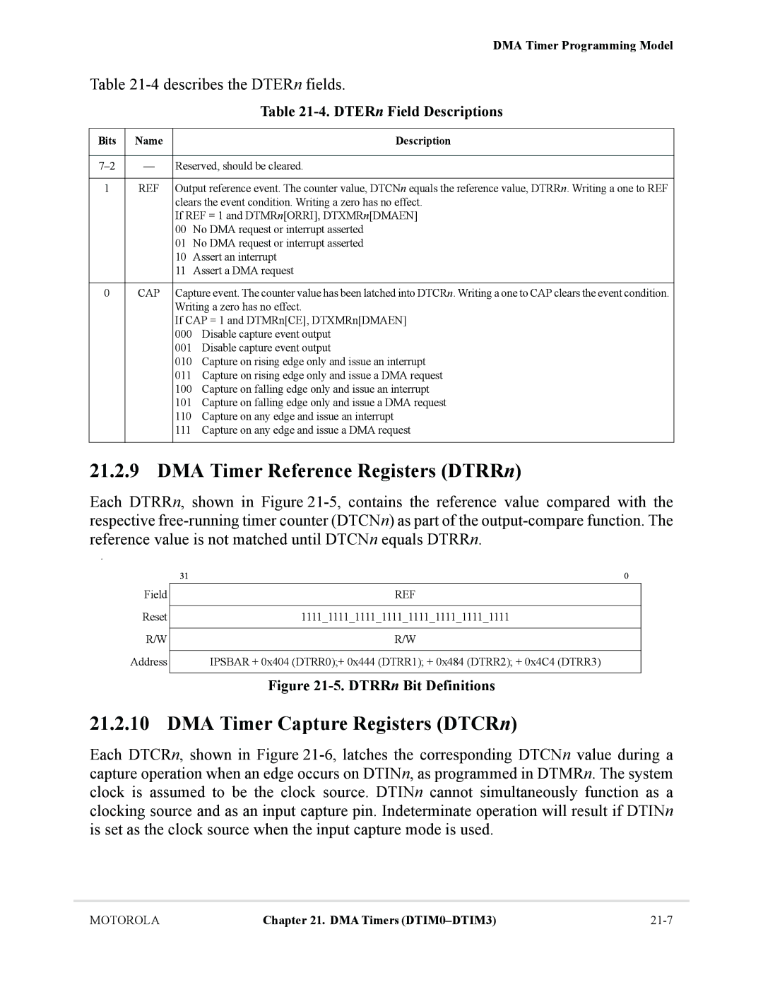 Motorola MCF5281 DMA Timer Reference Registers DTRRn, DMA Timer Capture Registers DTCRn, 4describes the DTERn fields 