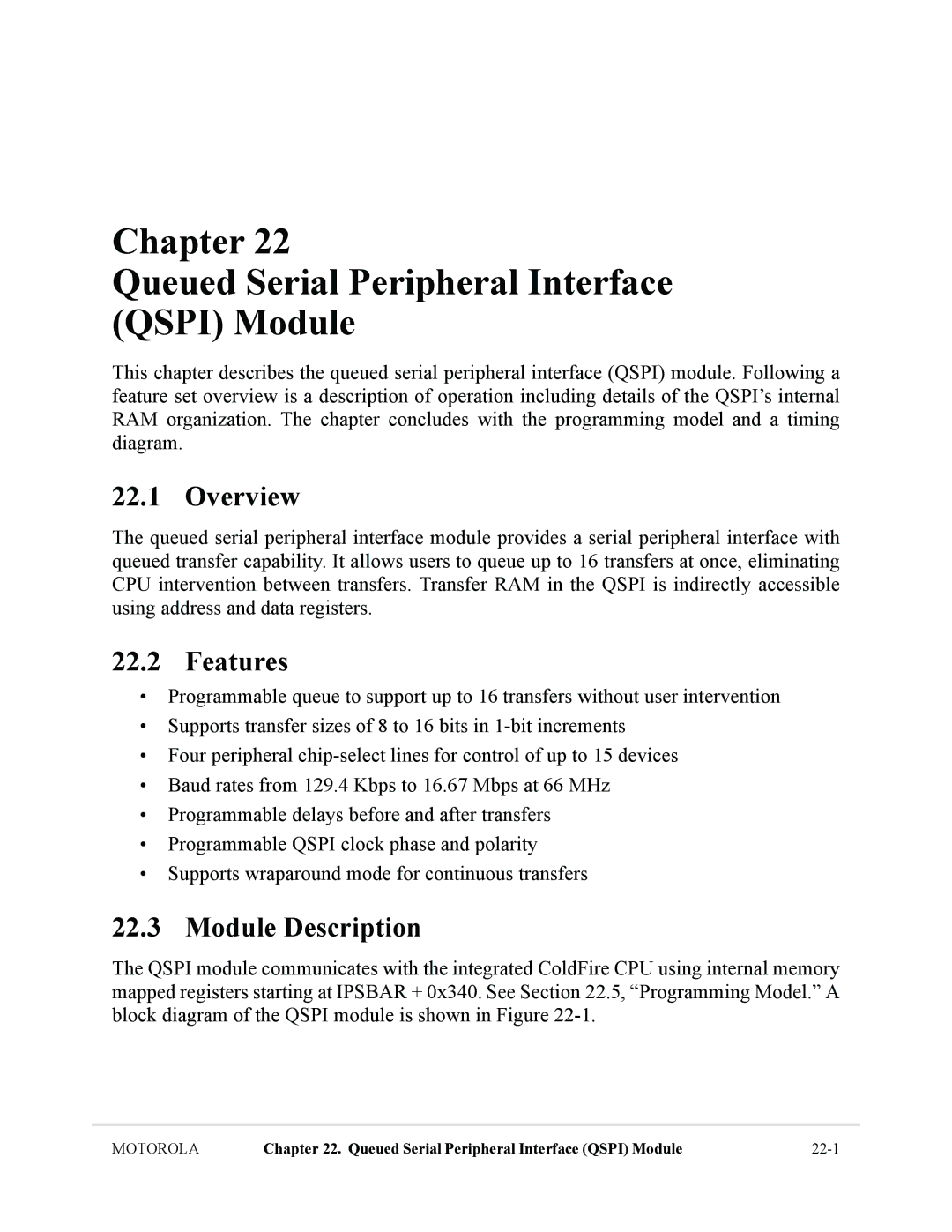 Motorola MCF5281, MCF5282 user manual Chapter Queued Serial Peripheral Interface Qspi Module, Module Description 