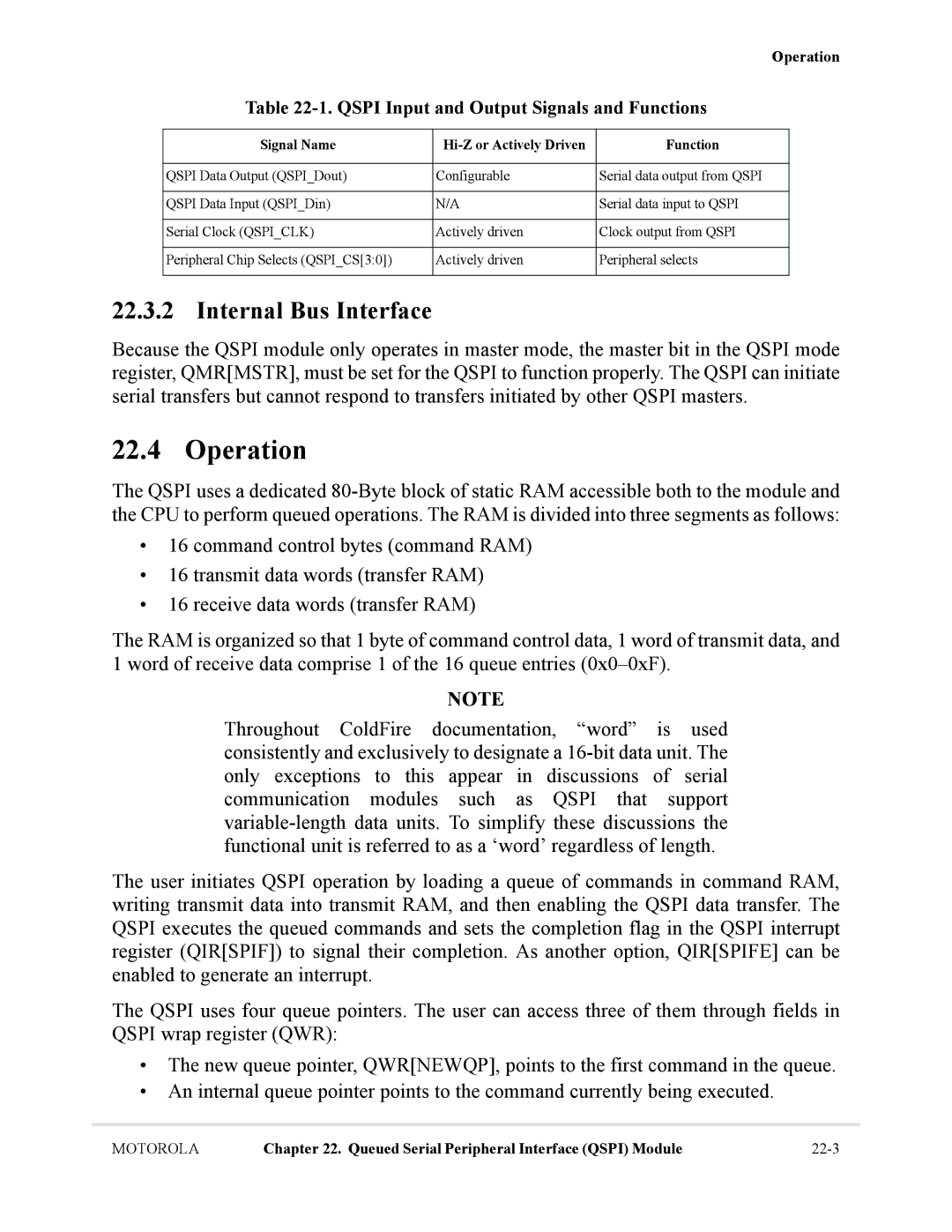 Motorola MCF5281, MCF5282 user manual Operation, Internal Bus Interface, Qspi Input and Output Signals and Functions 