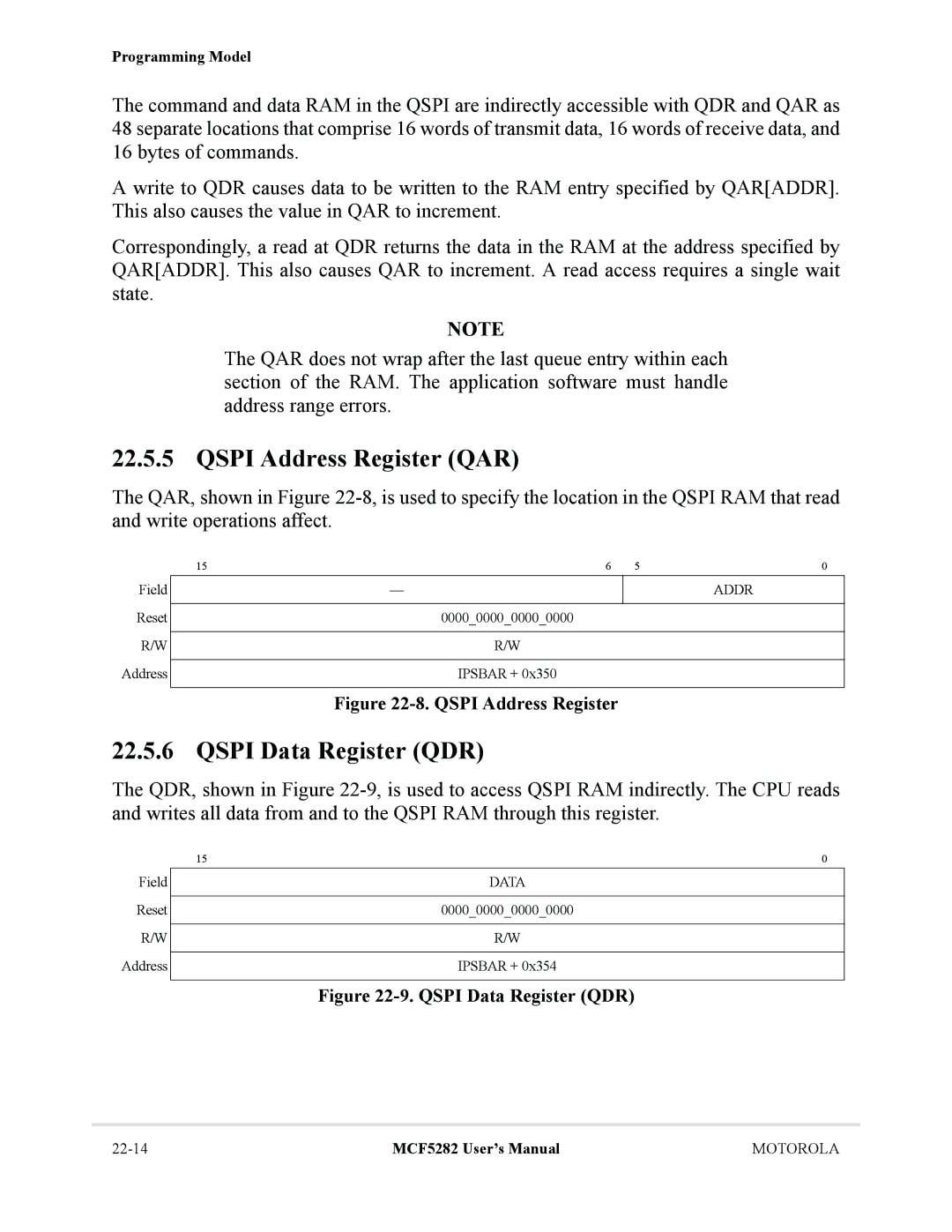 Motorola MCF5282, MCF5281 user manual Qspi Address Register QAR, Qspi Data Register QDR 