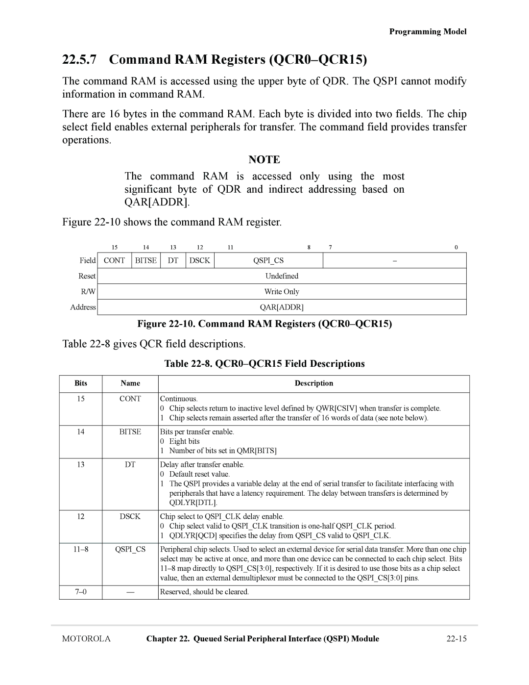 Motorola MCF5281, MCF5282 Command RAM Registers QCR0-QCR15, 8gives QCR field descriptions, QCR0-QCR15 Field Descriptions 