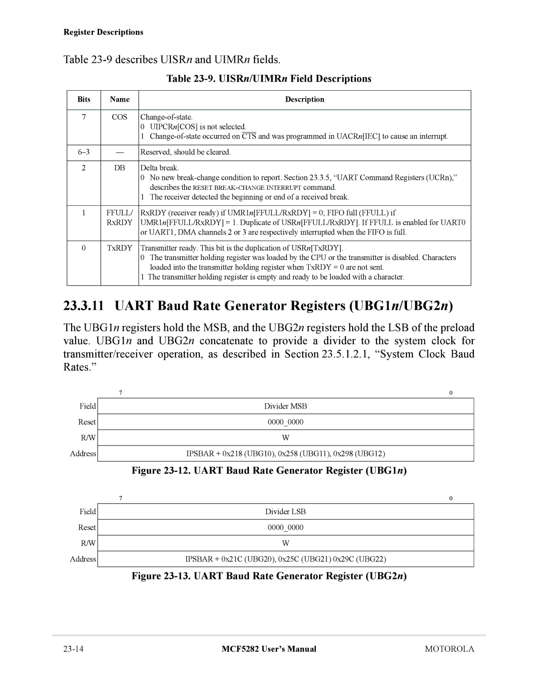 Motorola MCF5282, MCF5281 user manual Uart Baud Rate Generator Registers UBG1n/UBG2n, 9describes UISRn and UIMRn fields 