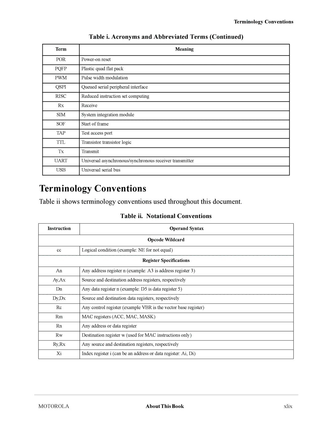 Motorola MCF5281, MCF5282 Terminology Conventions, Table ii. Notational Conventions, Operand Syntax, Opcode Wildcard 