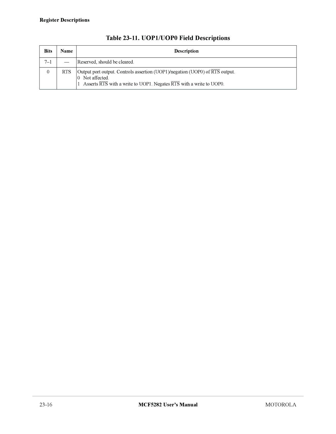 Motorola MCF5282, MCF5281 user manual UOP1/UOP0 Field Descriptions, Rts 