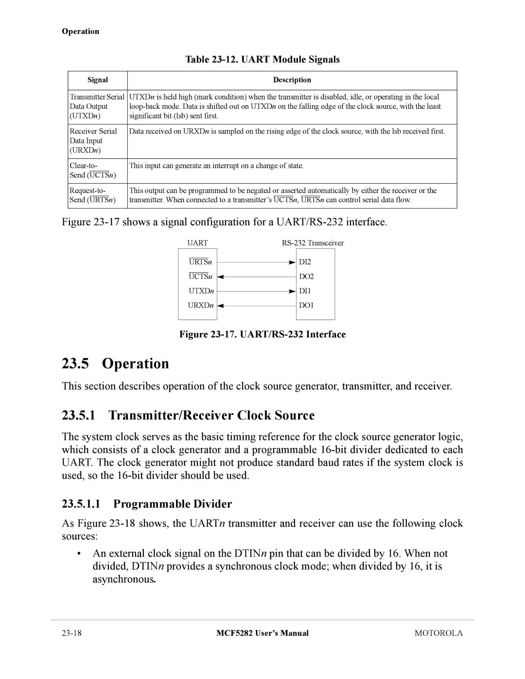 Motorola MCF5282, MCF5281 user manual Transmitter/Receiver Clock Source, Programmable Divider, Uart Module Signals 