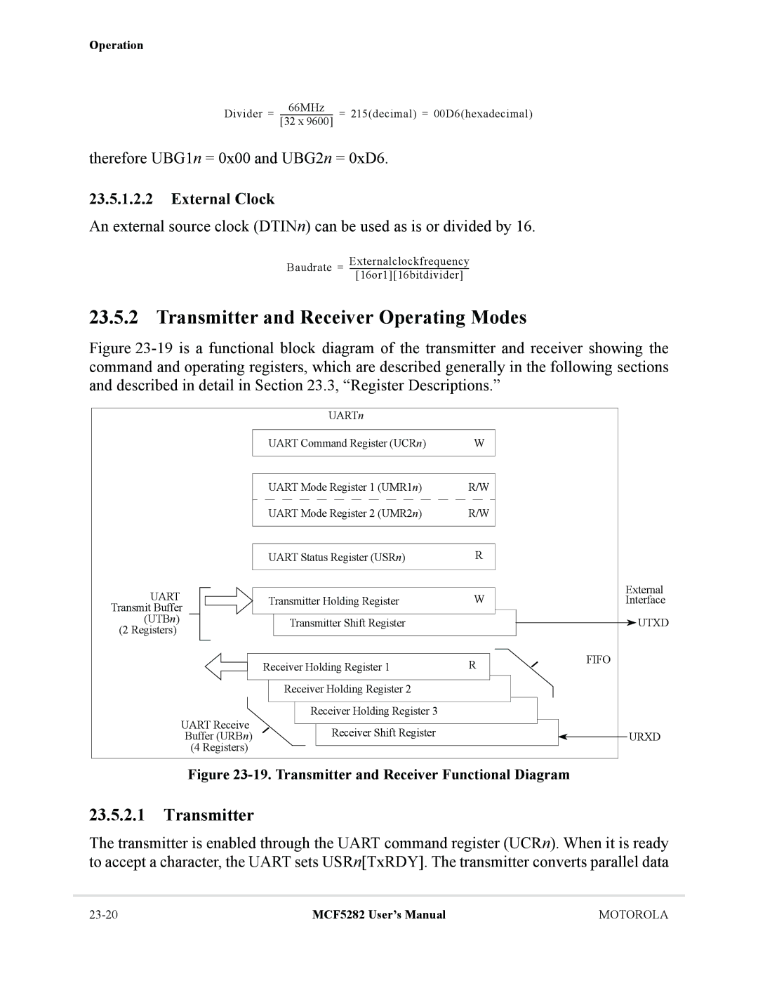 Motorola MCF5282 Transmitter and Receiver Operating Modes, Therefore UBG1n = 0x00 and UBG2n = 0xD6, External Clock, Fifo 