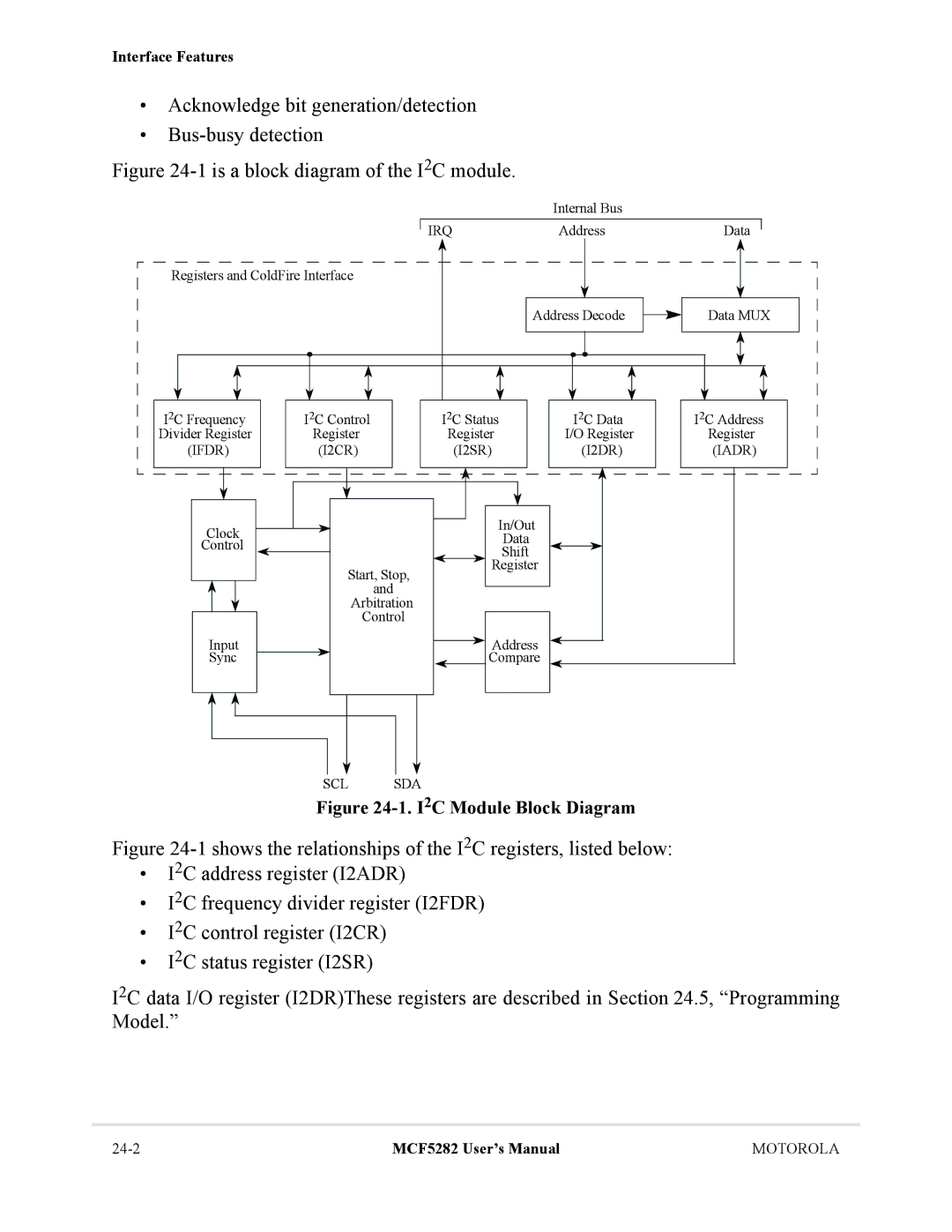 Motorola MCF5282, MCF5281 user manual Acknowledge bit generation/detection Bus-busy detection, Ifdr, Iadr, Scl Sda 