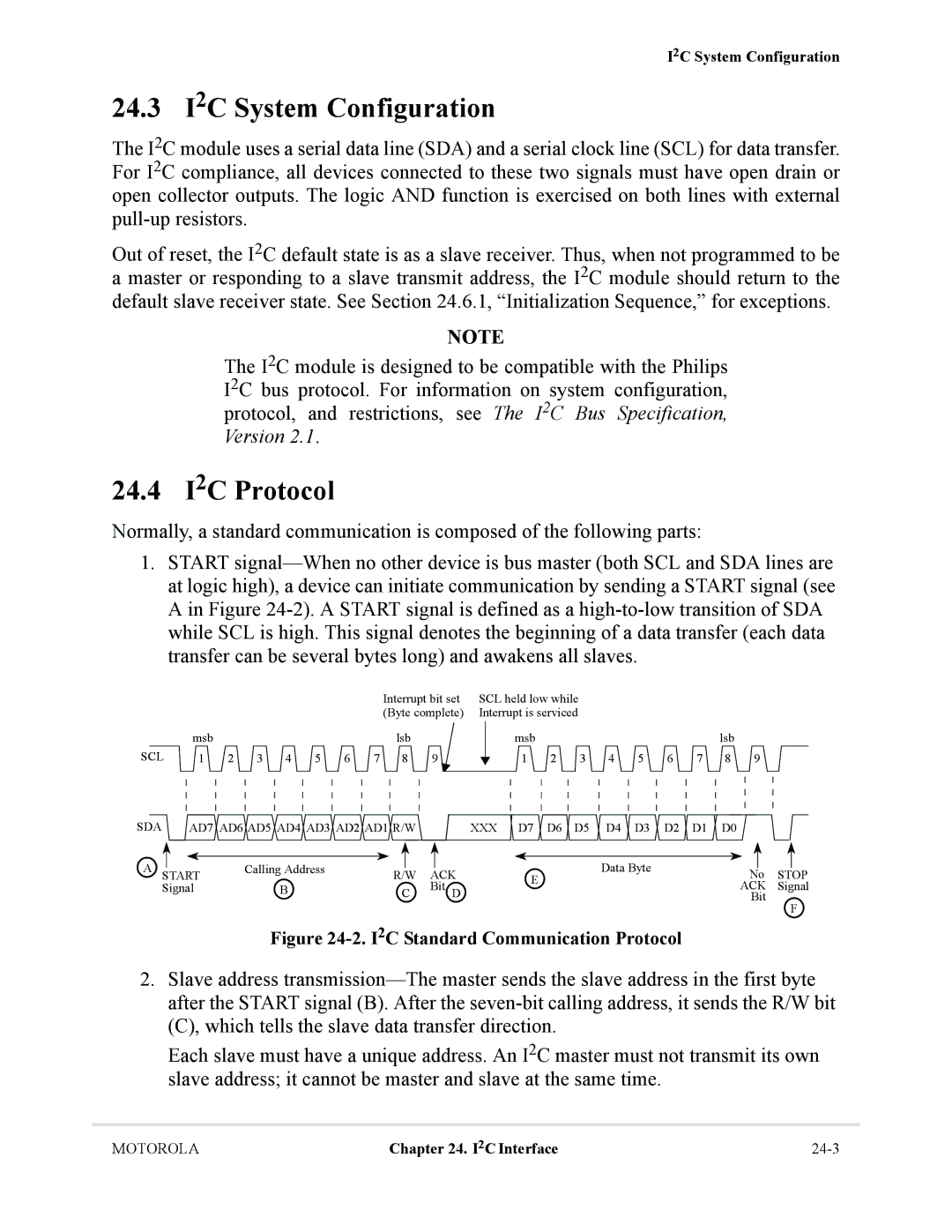 Motorola MCF5281, MCF5282 user manual 24.3 I2C System Configuration, 24.4 I2C Protocol 