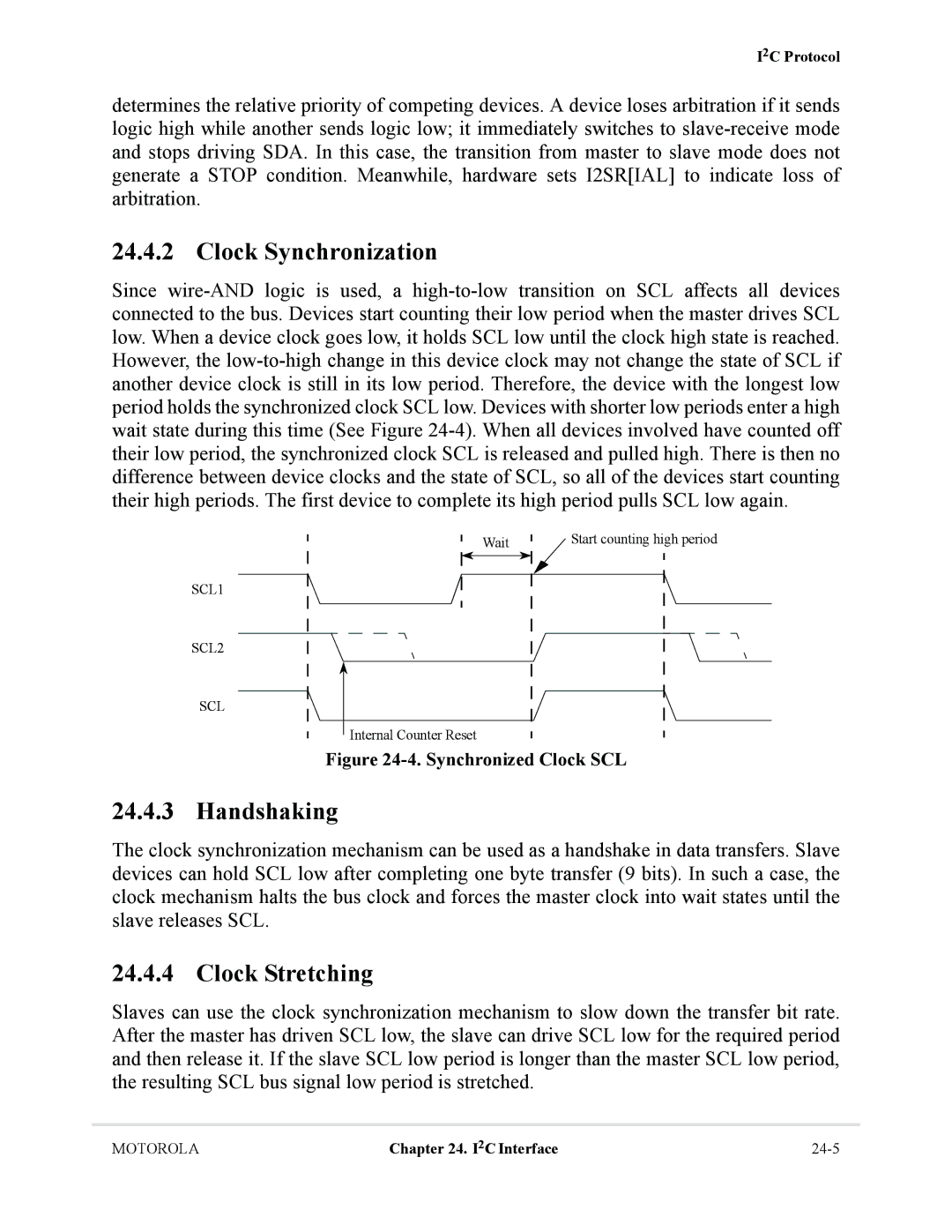 Motorola MCF5281, MCF5282 user manual Clock Synchronization, Handshaking, Clock Stretching, SCL1 SCL2 