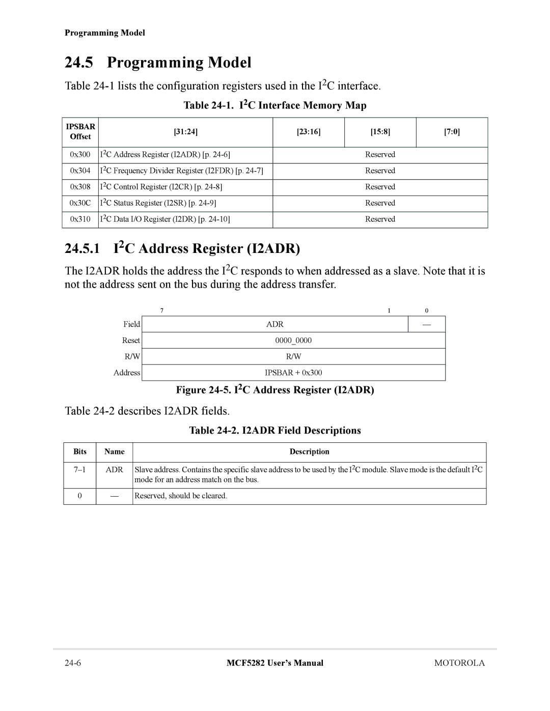 Motorola MCF5282, MCF5281 24.5.1 I2C Address Register I2ADR, 2describes I2ADR fields, I2C Interface Memory Map, Adr 