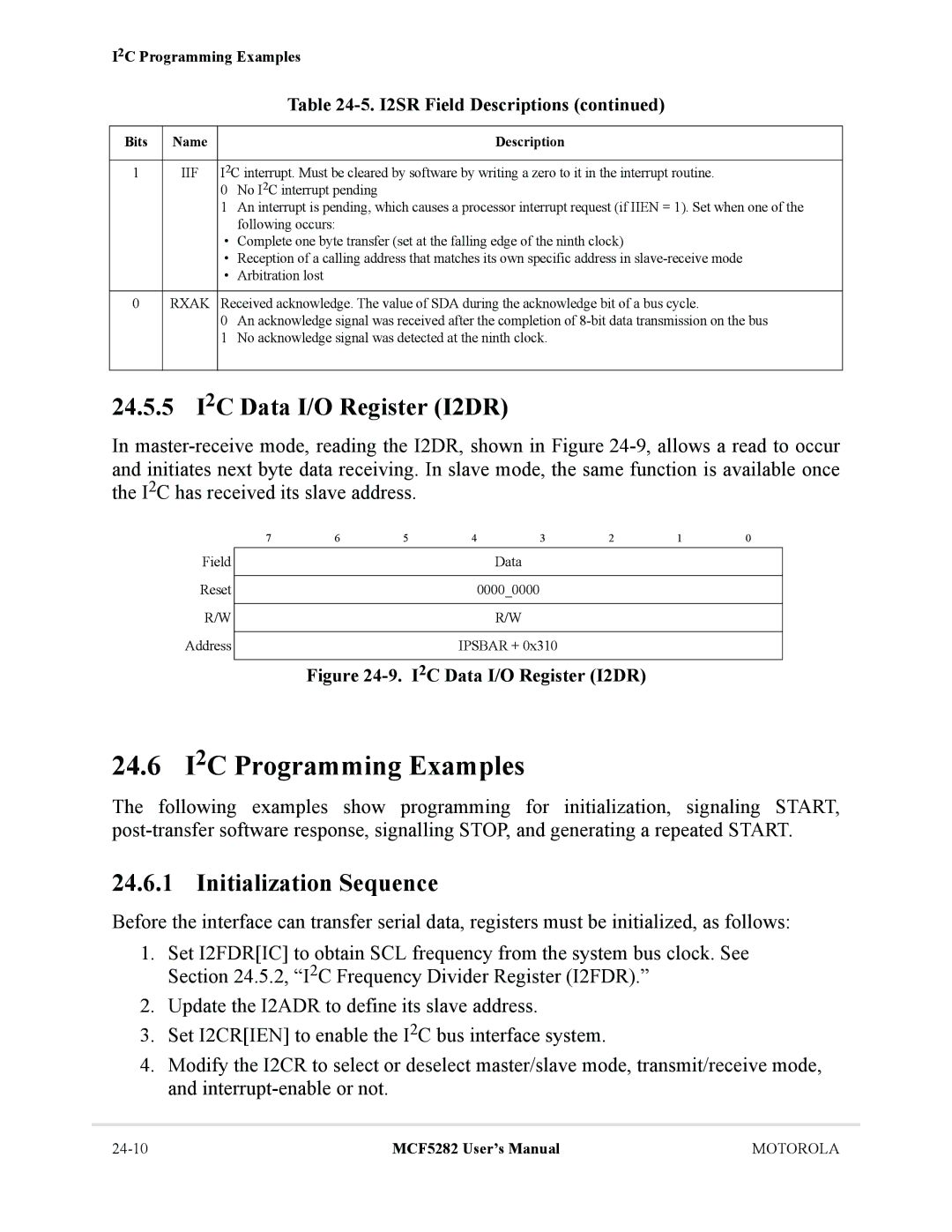 Motorola MCF5282, MCF5281 user manual 24.6 I2C Programming Examples, 24.5.5 I2C Data I/O Register I2DR 