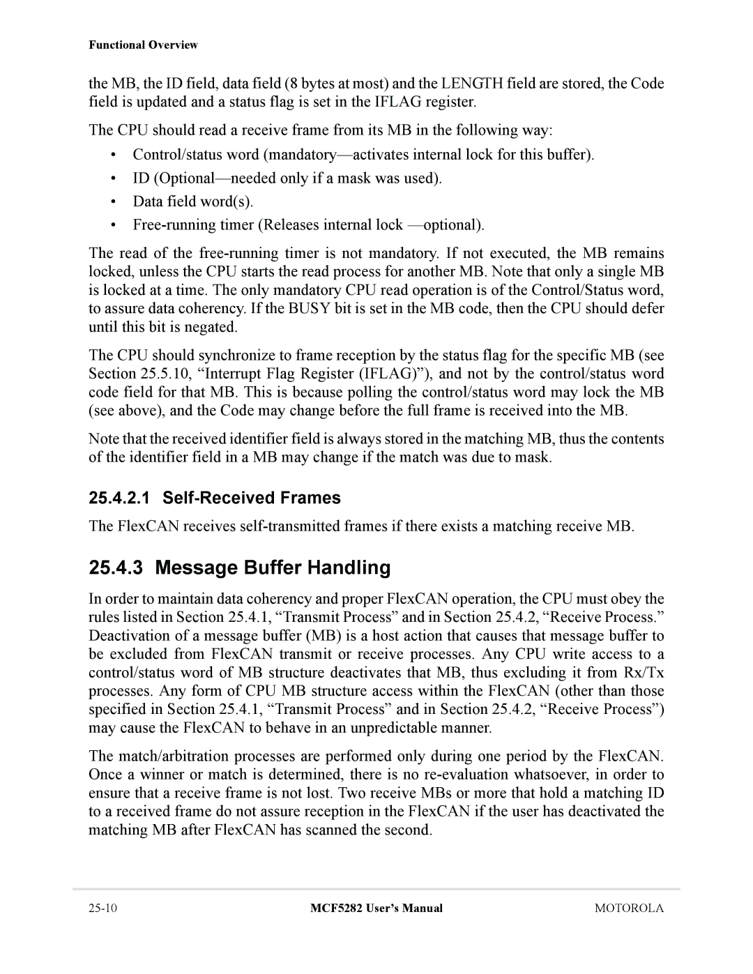 Motorola MCF5282, MCF5281 user manual Message Buffer Handling, Self-Received Frames 